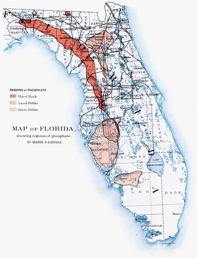 Map of Florida Showing Regions of Phosphate