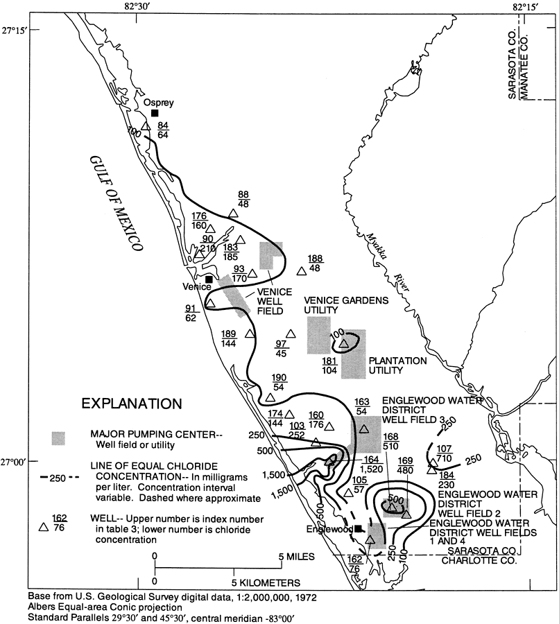 Chloride Concentration  of Intermediate Aquifer Well Water  from Permeable Zone 1 in Southwest Sarasota County