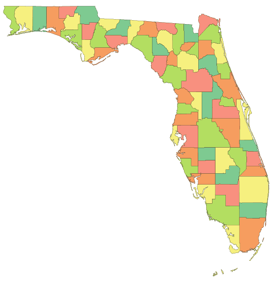 A color map of Florida's counties