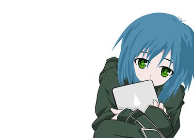 Student Illustration with Blue Hair and Tablet
