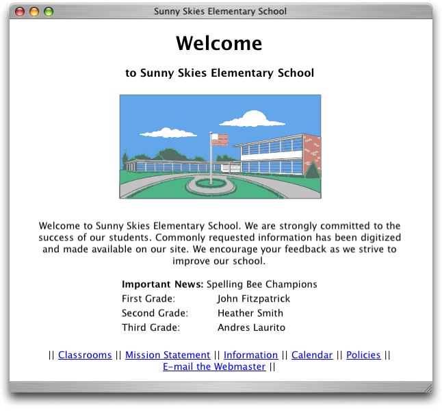 Sunny Skies Elementary School example webpage