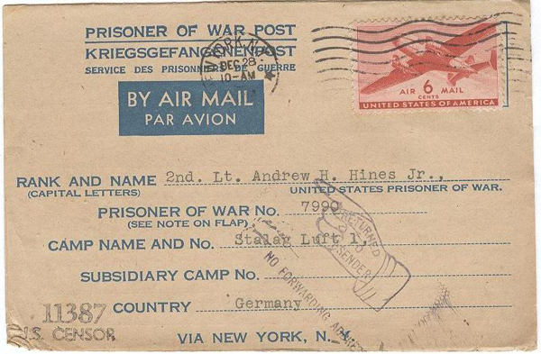 The envelopes of letters sent to Andrew Hines from his parents while he was a POW (1 of 4)