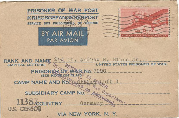 The envelopes of letters sent to Andrew Hines from his parents while he was a POW (4 of 4)