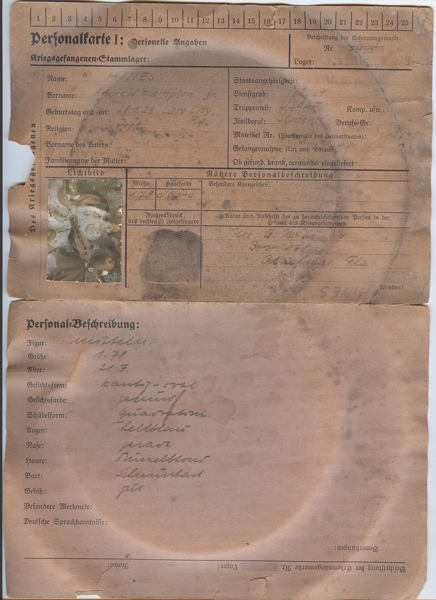 Additional Information sheet for Andrew Hines issued at the POW camp (1 of 2)