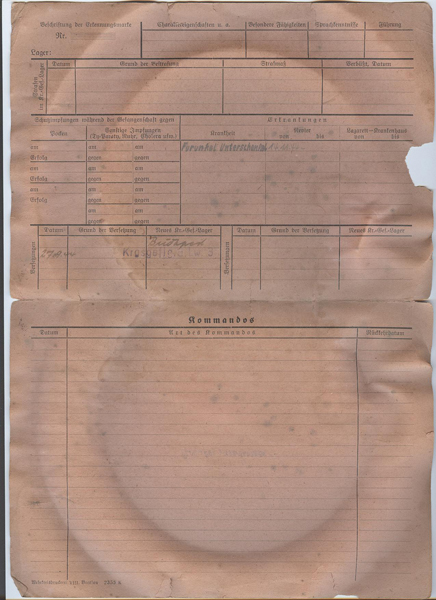 Additional Information sheet for Andrew Hines issued at the POW camp (2 of 2)
