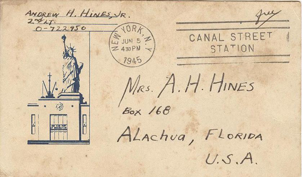 Postcard from Andrew Hines to his parents announcing his arrival in the United States (Page 2 of 2)