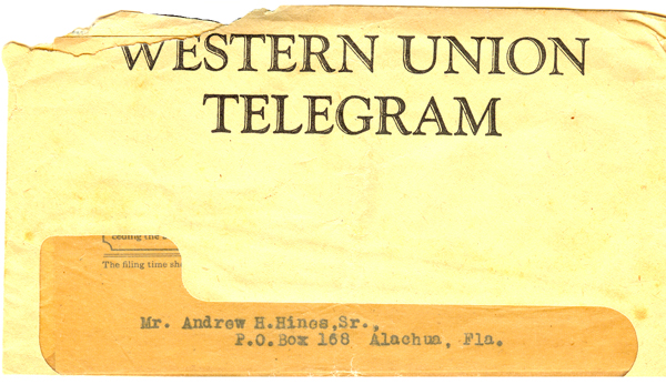 Envelope for telegram notifying Andrew Hines' parents that he was shot down and is reported as missing in action dated September 25, 1944