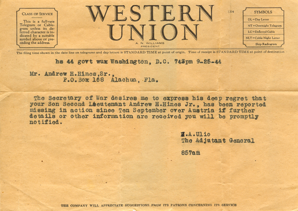 Telegram notifying Andrew Hines' parents that he was shot down and is reported as missing in action dated September 25, 1944