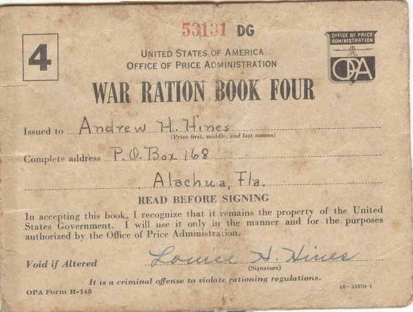 War Ration Book issued to Andrew Hines and Louise Hines (1 of 3)