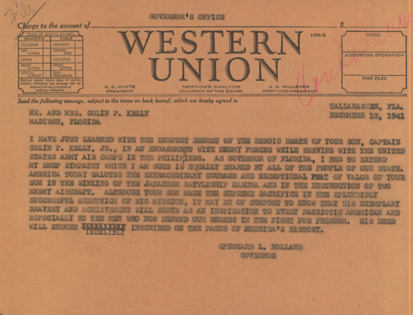 Sympathy Telegram from Governor Spessard Holland to parents of Captain Colin P. Kelly, 1941