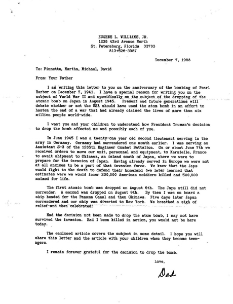 Letter from Eugene Williams to his four children regarding his thoughts about dropping the A-bomb