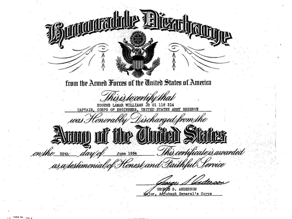 Honorable Discharge certificate for Eugene Williams