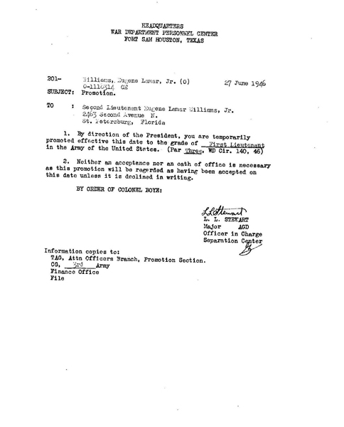 Letter promoting Eugene Williams to 2nd Lieutenant (Headquarters War Department Personnel Center)