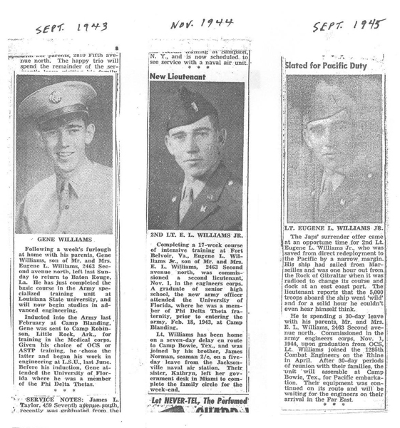 Short news articles about Eugene Williams while in the Army