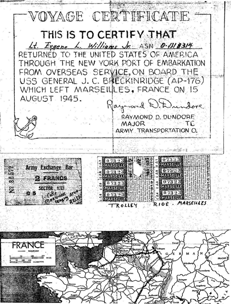 Voyage certificate for return to the United States from France